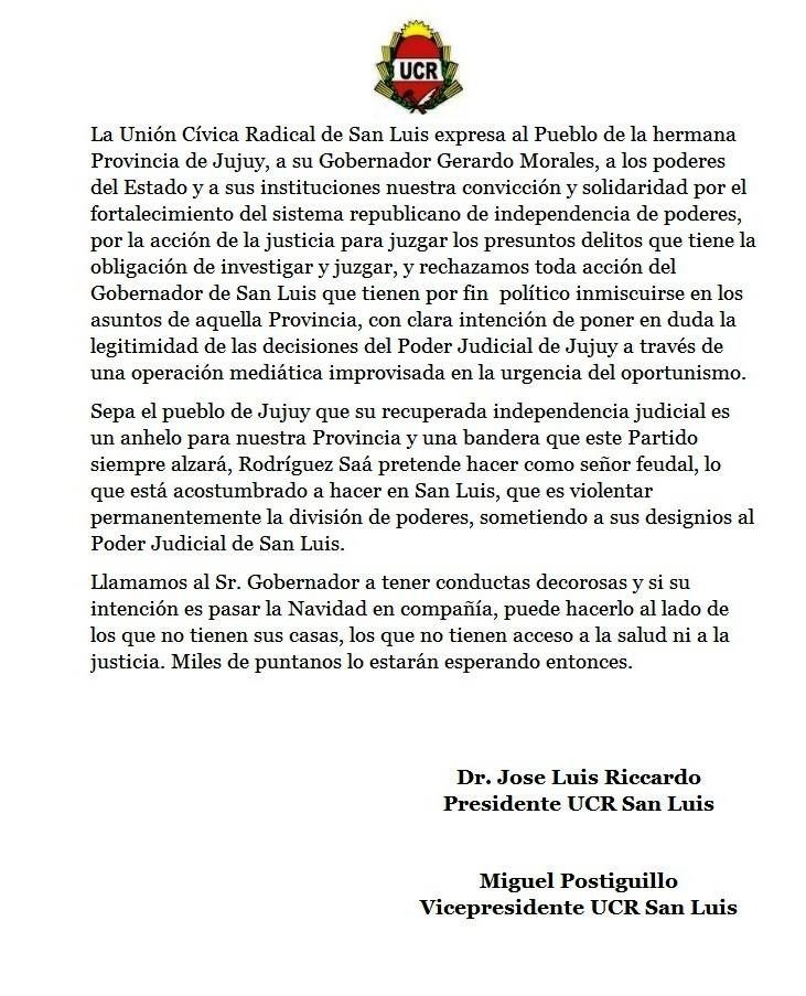 Tras los dichos de Rodriguez saa: la UCR de San Luis… - Jujuy al día (Comunicado de prensa)