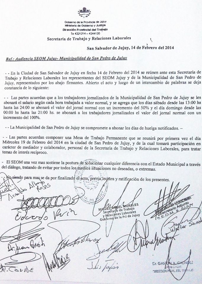 SEOM firmó acta acuerdo con la intendencia de San Pedro, esta se comprometió a pagar todas las horas trabajadas