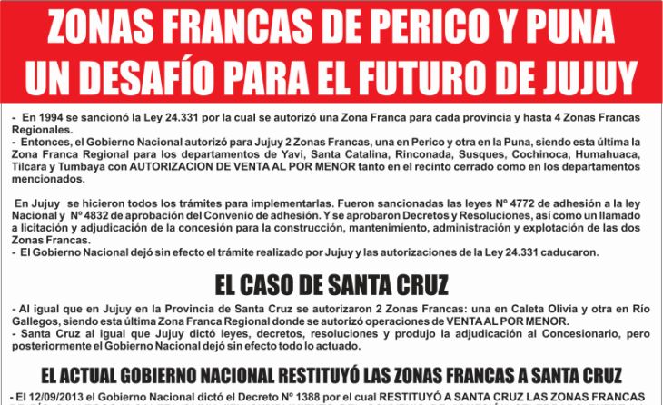 SOLICITADA: ZONAS FRANCAS DE PERICO Y PUNA: UN DESAFIO PARA EL FUTURO DE JUJUY