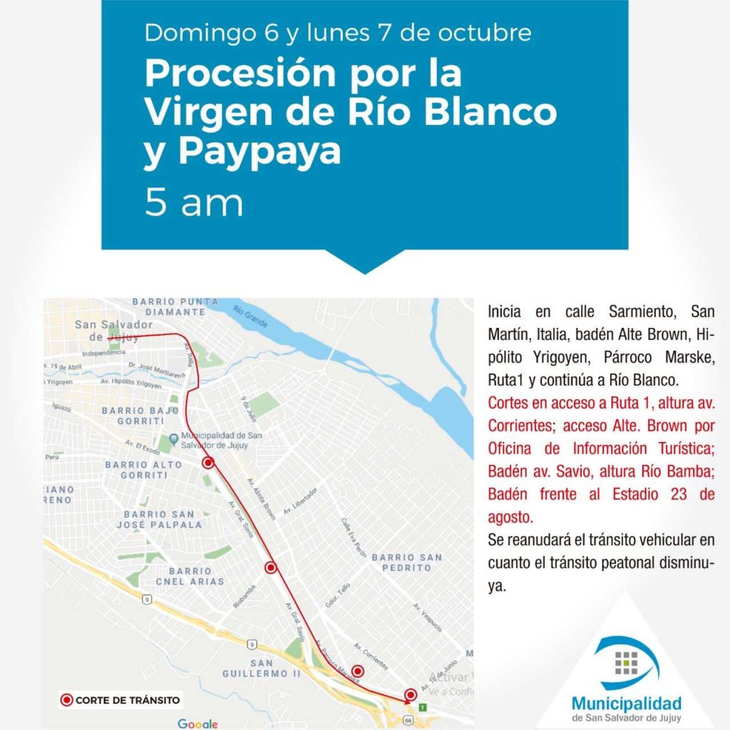 Tránsito: Operativos por la procesión a Rio Blanco