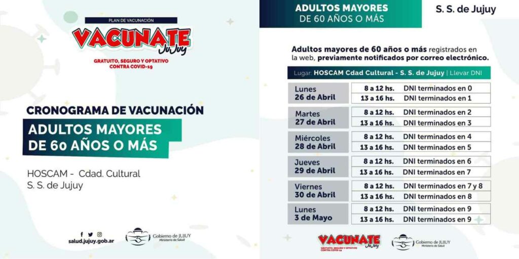 Coronavirus en Jujuy: Cronograma de Vacunación en Capital a partir del lunes 26