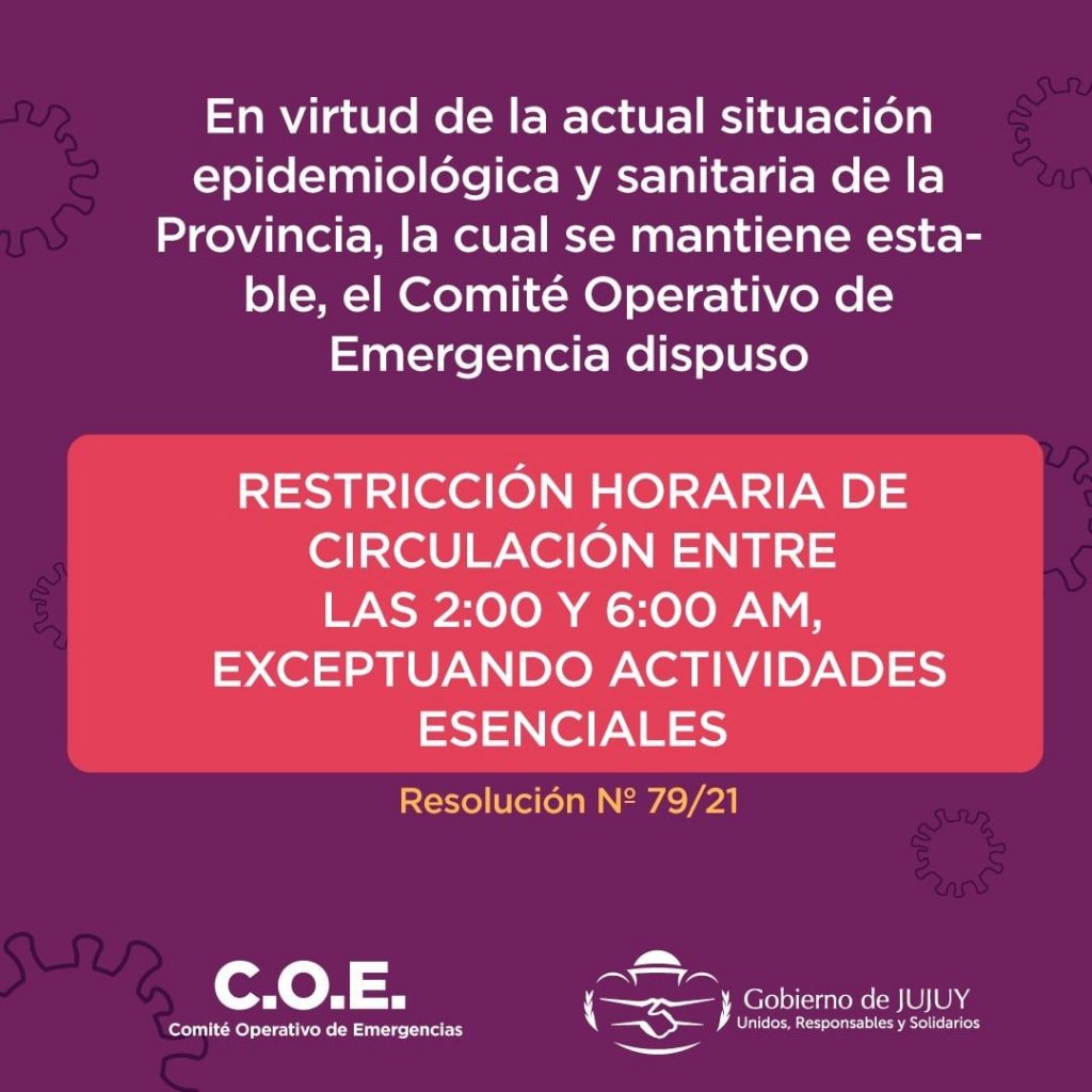 Jujuy: Por la estabilidad de la situación sanitaria modifican el horario de restricción nocturna