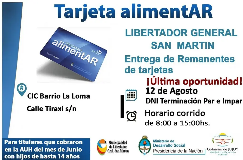 Entrega de remanentes de las Tarjetas AlimentAr en Libertador General San Martín