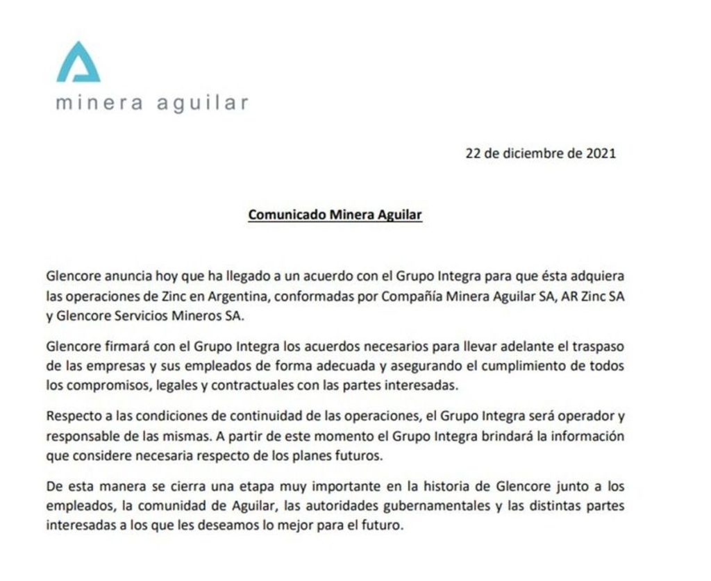 Jujuy: Acuerdo garantiza reapertura de Mina Aguilar