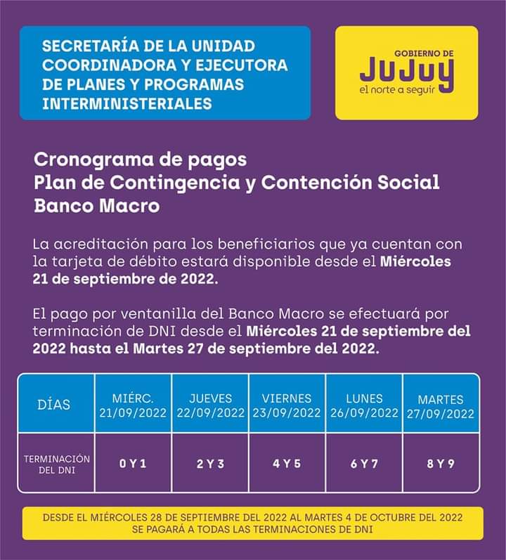 Cronograma de pagos del plan de contingencia septiembre 2022