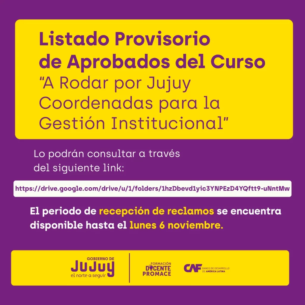 Está disponible el listado provisorio de aprobados del Curso «A Rodar por Jujuy: Coordenadas para la Gestión Institucional»