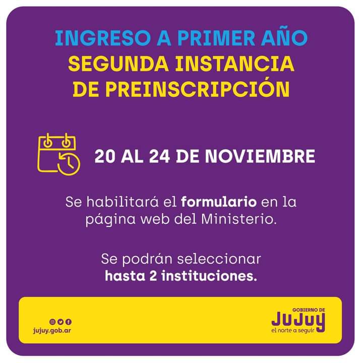 Jujuy: ingreso a 1° año, segunda preinscripción
